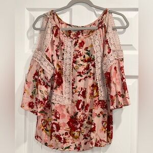 Nostalgia Women’s Cold‎ Shoulder Pink Floral Blouse Medium